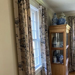 Ballard designs 84” navy tan toile window panels in perfect condition